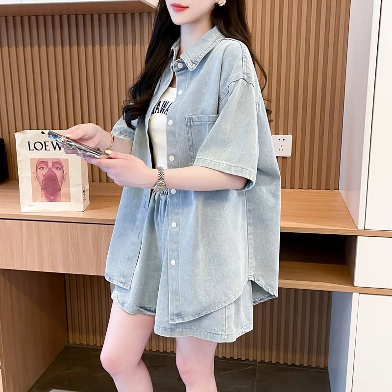 シャツ パンツ ゆったり デニム 春夏 カジュアル 大きいサイズ 前開き 春 夏 ハーフ セットアップ ポリエステル