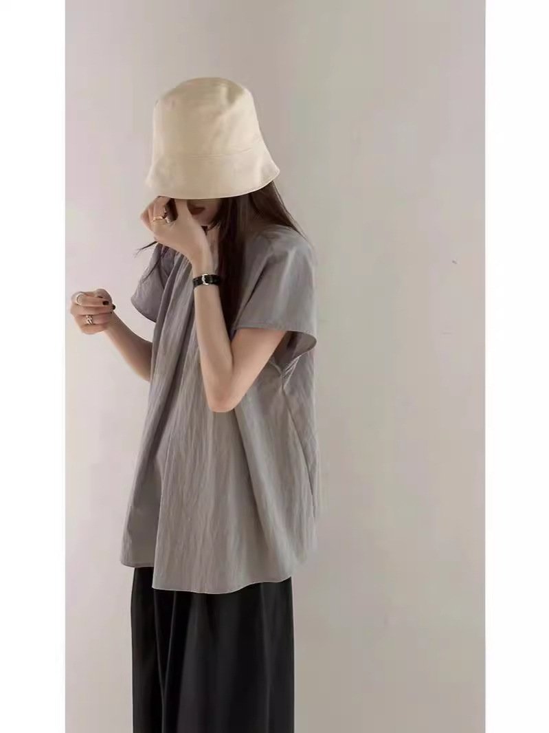 レディース シャツ トップス 半袖 ゆったり 春夏 カジュアル 前開き ミニ 春 夏 ラウンドネック クルーネック グレー フェミニン レギュラー ポリエステル
