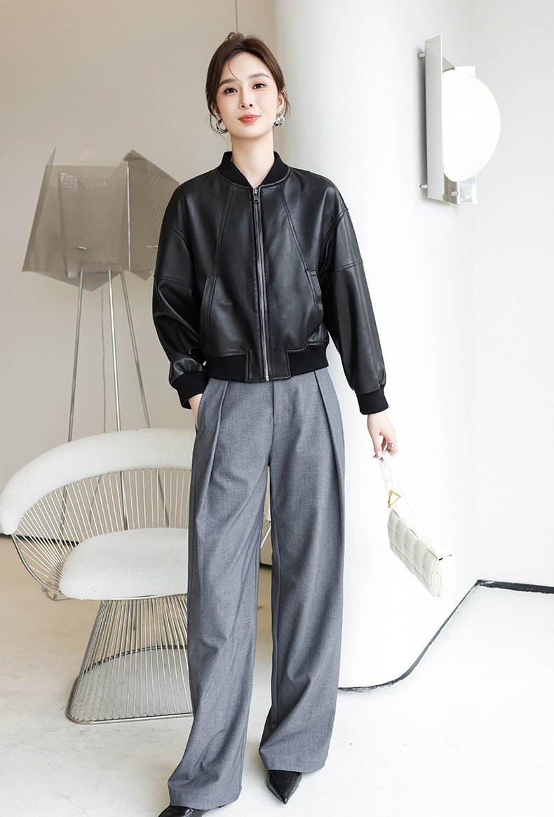 レディース ジャケット 長袖 春 秋冬 ショート 膝丈 秋 冬 レザー ベースボールカラー タイ ポリエステル レザージャケット