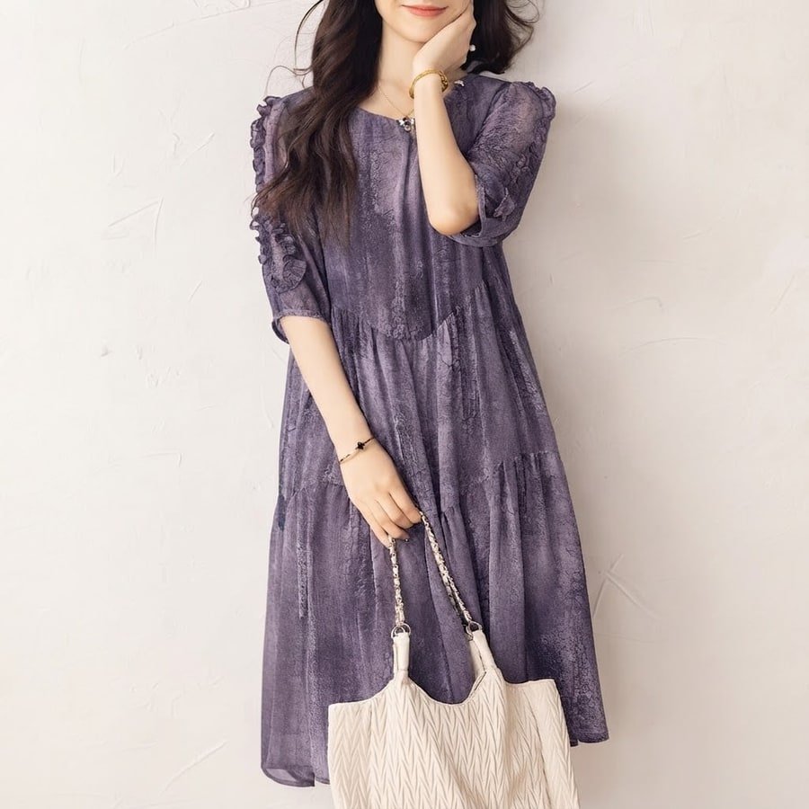 ワンピース 半袖 春夏 きれいめ 春 夏 ラウンドネック ミモレ シフォン 上品 ハイウエスト