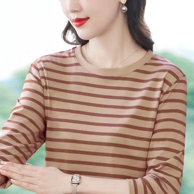 トップス 長袖 ボーダー ストライプ チェック柄 春夏 春 白 夏 膝丈 ラウンドネック 黒 インナー ポリエステル 丸首