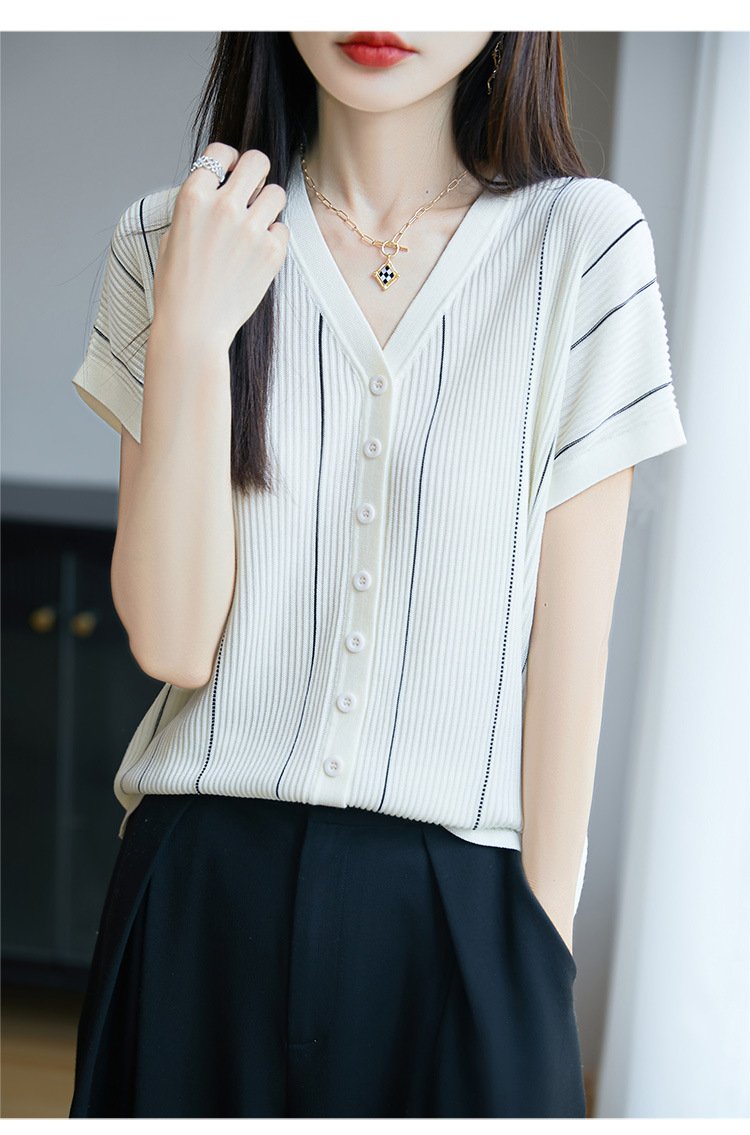 レディース Tシャツ カーディガン 半袖 ボーダー ストライプ チェック柄 ゆったり 春夏 カジュアル きれいめ Vネック 春 夏 膝丈 上品 シャツ ポリエステル