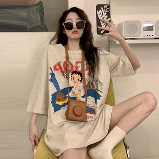 レディース Tシャツ 半袖 プリント ゆったり コットン 綿 カジュアル レトロ 体型カバー 大きいサイズ 男女兼用 ラウンドネック シャツ