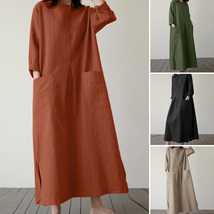 ワンピース 長袖 無地 春 カジュアル きれいめ 通勤 春夏 ラウンドネック シンプル 上品 切り替えデザイン