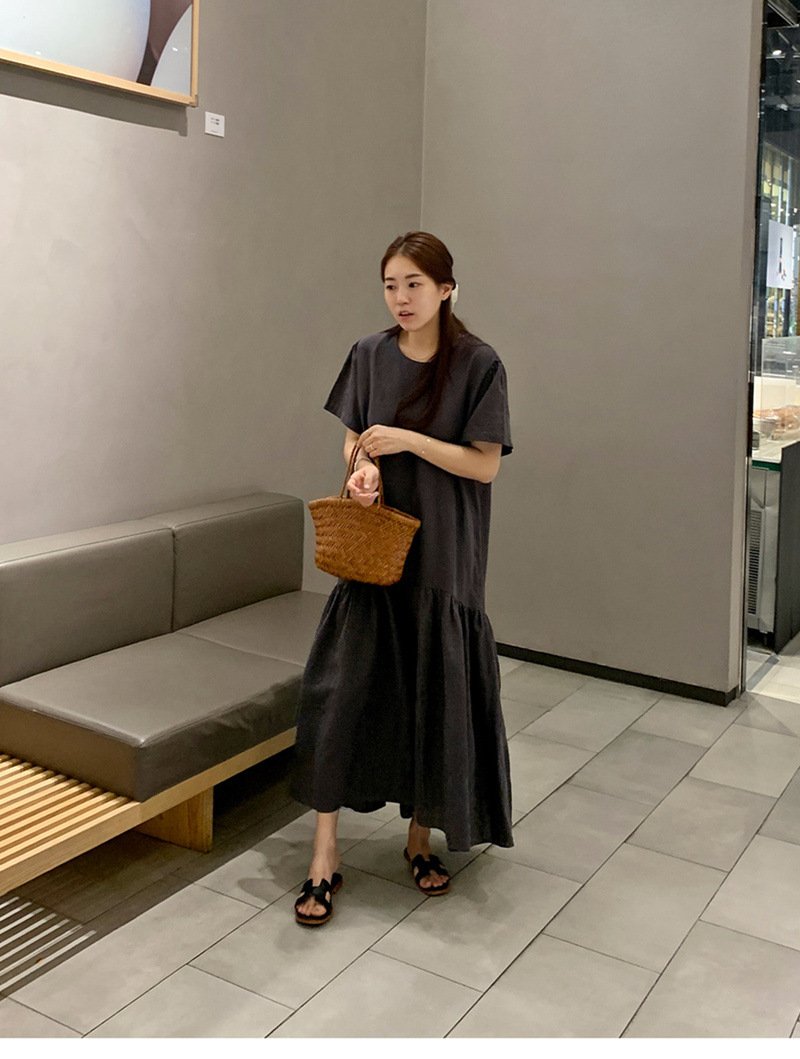 ワンピース 半袖 長袖 無地 春夏 カジュアル レトロ 春 夏 ラウンドネック シンプル ロング 細身