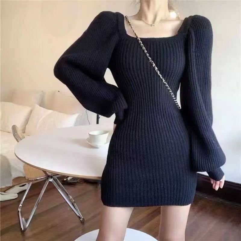 ワンピース ニット ドレス 長袖 無地 スリム 秋 冬 きれいめ シンプル タイト 上品 ハイウエスト レッド セクシー