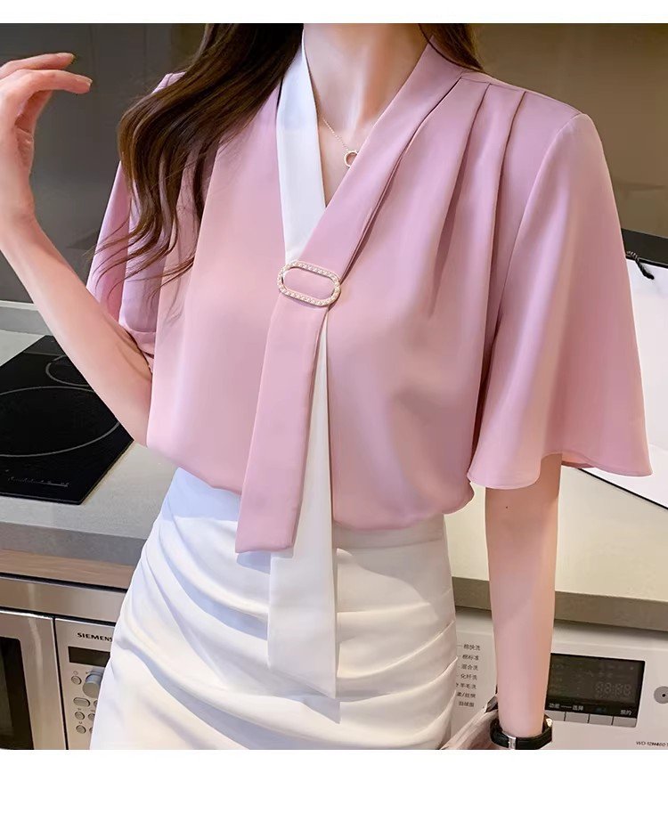 レディース ブラウス シャツ トップス 半袖 長袖 ゆったり 夏 秋冬 春夏 前開き Vネック 秋 冬 シフォン フリル ポリエステル