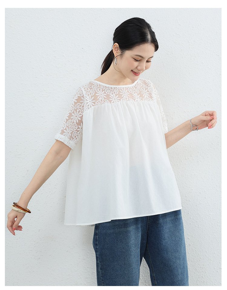 シャツ トップス Tシャツ 半袖 無地 ゆったり 春夏 きれいめ 通勤 大きいサイズ 前開き 春 夏 ラウンドネック レース シンプル 上品