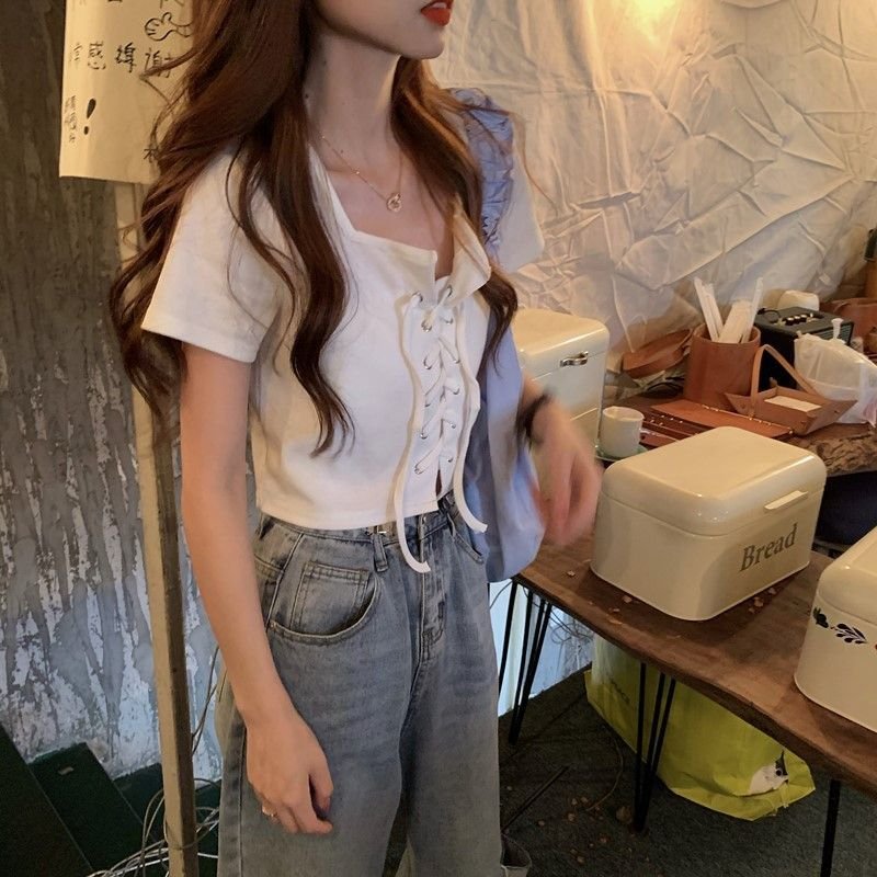 レディース トップス Tシャツ 半袖 オーバーサイズ スリム 春夏 きれいめ レトロ Vネック 春 夏 スクエアネック 上品 シャツ ハイウエスト