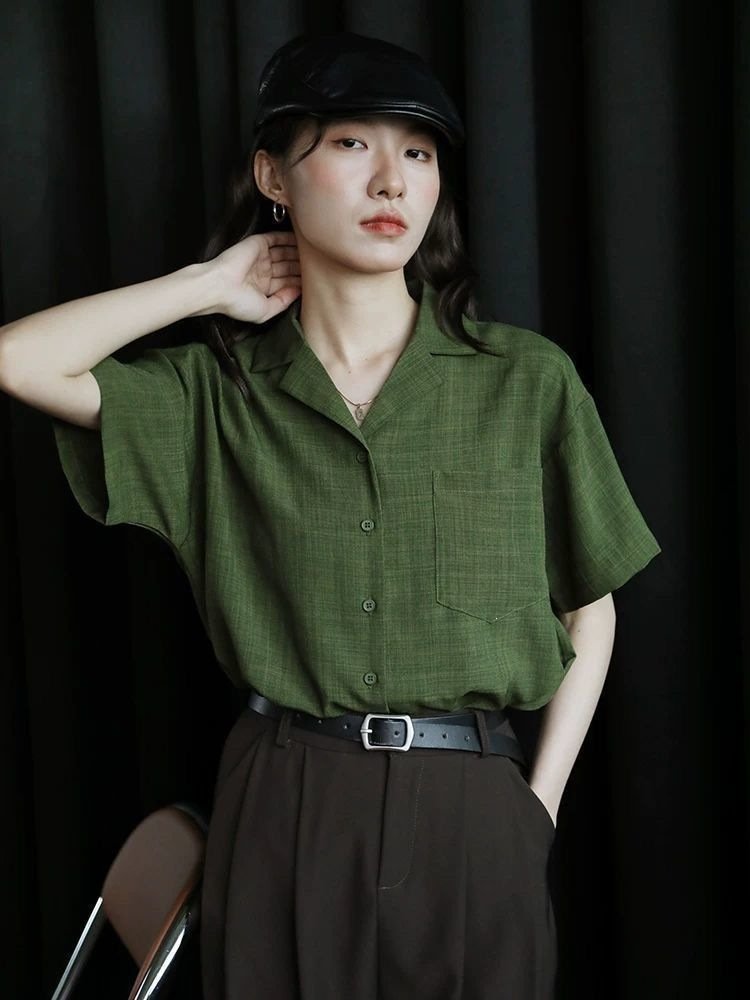 レディース シャツ トップス 半袖 ノースリーブ ゆったり 春夏 カジュアル きれいめ レトロ 前開き 袖なし 春 夏 ラウンドネック 上品 グリーン ボタン