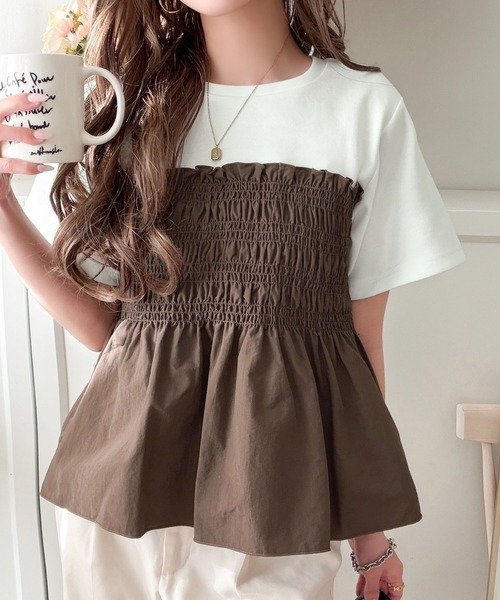 トップス Tシャツ ニット 半袖 春夏 きれいめ 通勤 春 ショート 夏 韓国ファッション シャツ 切り替えデザイン 都会的