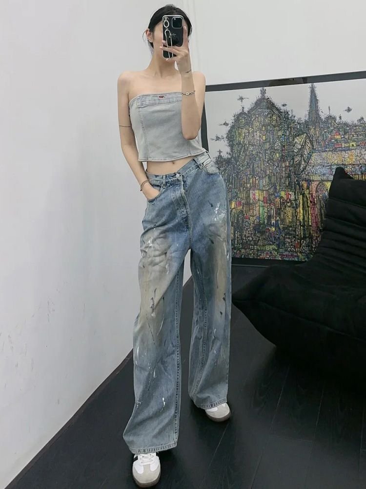 レディース パンツ ゆったり コットン 綿 デニム 春夏 カジュアル アメリカン 春 夏 ロング ストレート ラフ デニムパンツ ダメージ
