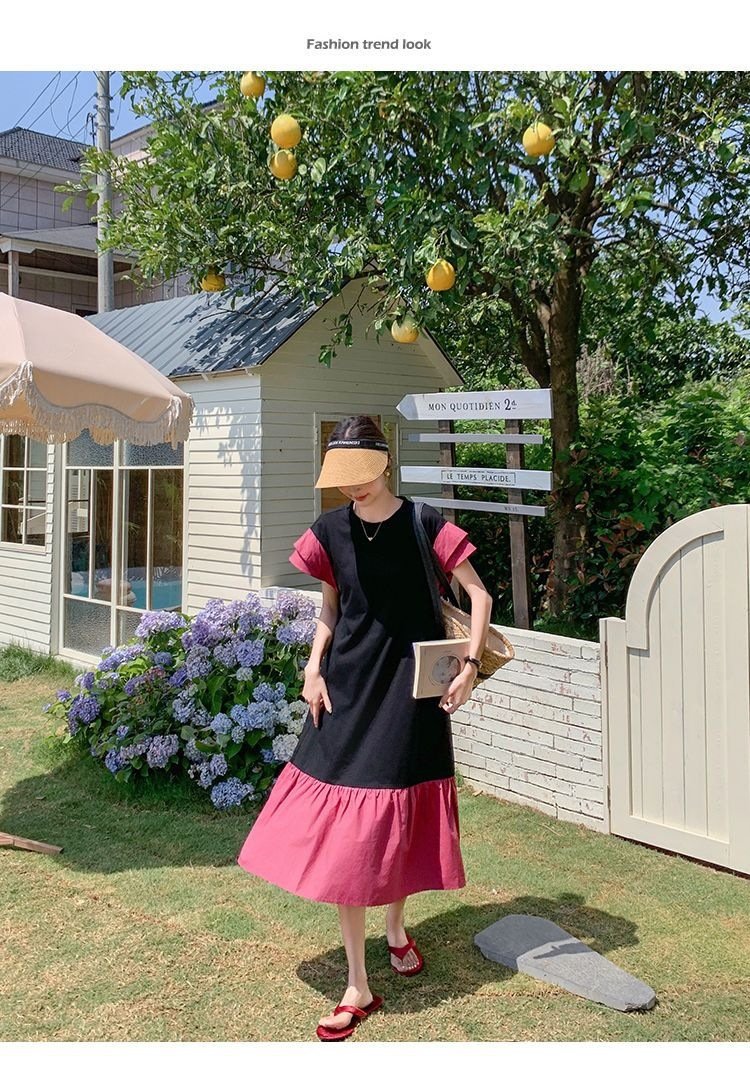ワンピース ドレス 半袖 無地 春夏 きれいめ 通勤 春 夏 ラウンドネック シンプル ロング タイト 大きい フレア フレンチスリーブ 切り替えデザイン 細身 Aライン