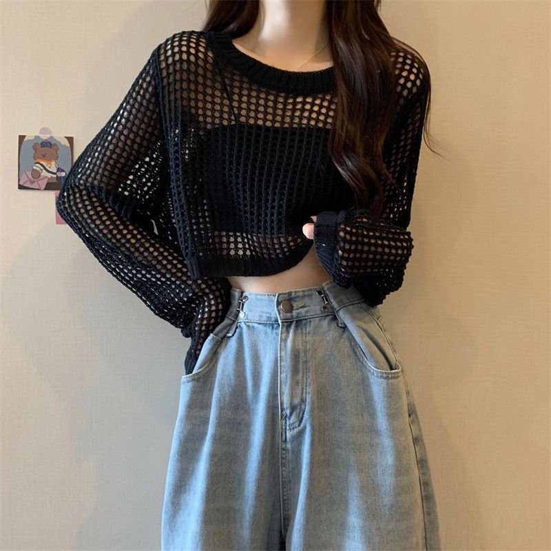 レディース ブラウス ニット 長袖 無地 ゆったり 春夏 前開き 春 ショート 夏 ラウンドネック シンプル 薄手 切り替えデザイン セーター ポリエステル