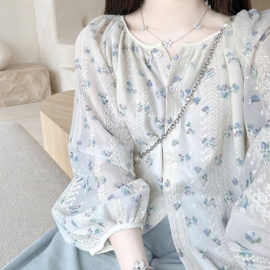 レディース ブラウス シャツ 長袖 花柄 ゆったり 春夏 きれいめ 体型カバー 前開き 春 夏 ラウンドネック フラワー シンプル 上品 シフォン シフォンブラウス レギュラー ボタン ポリエステル