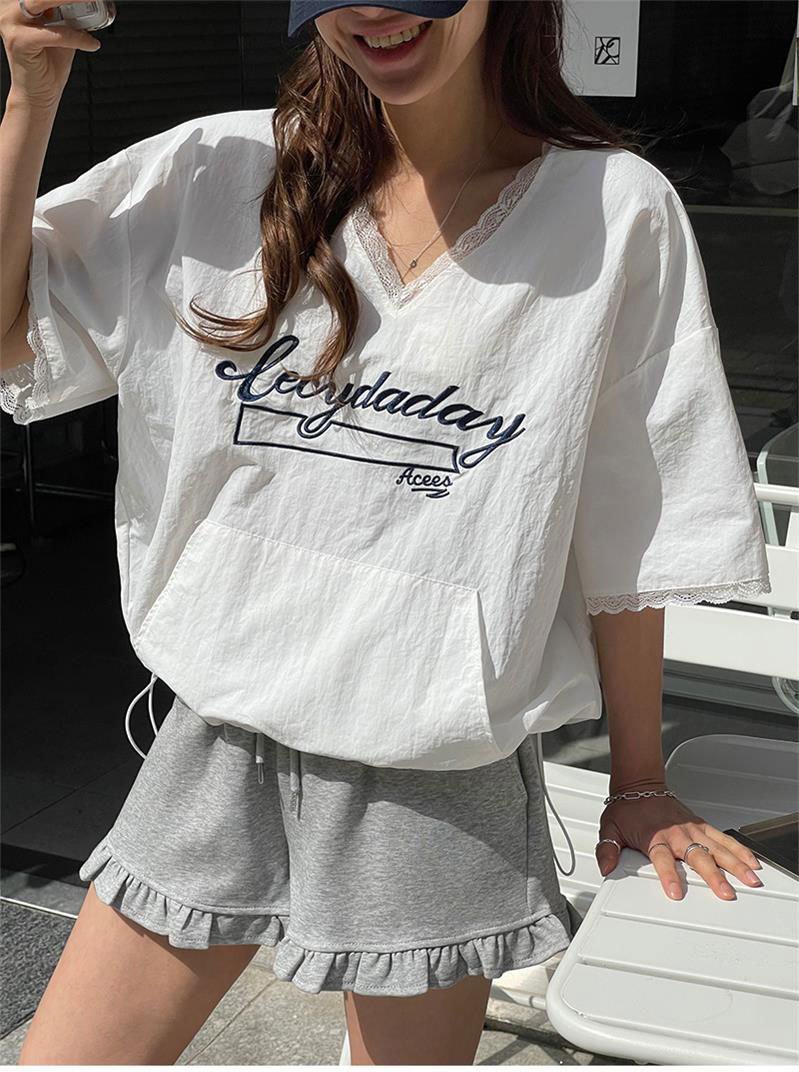 レディース シャツ Tシャツ 半袖 ゆったり 春夏 カジュアル 前開き Vネック 春 夏 膝丈 レース 速乾