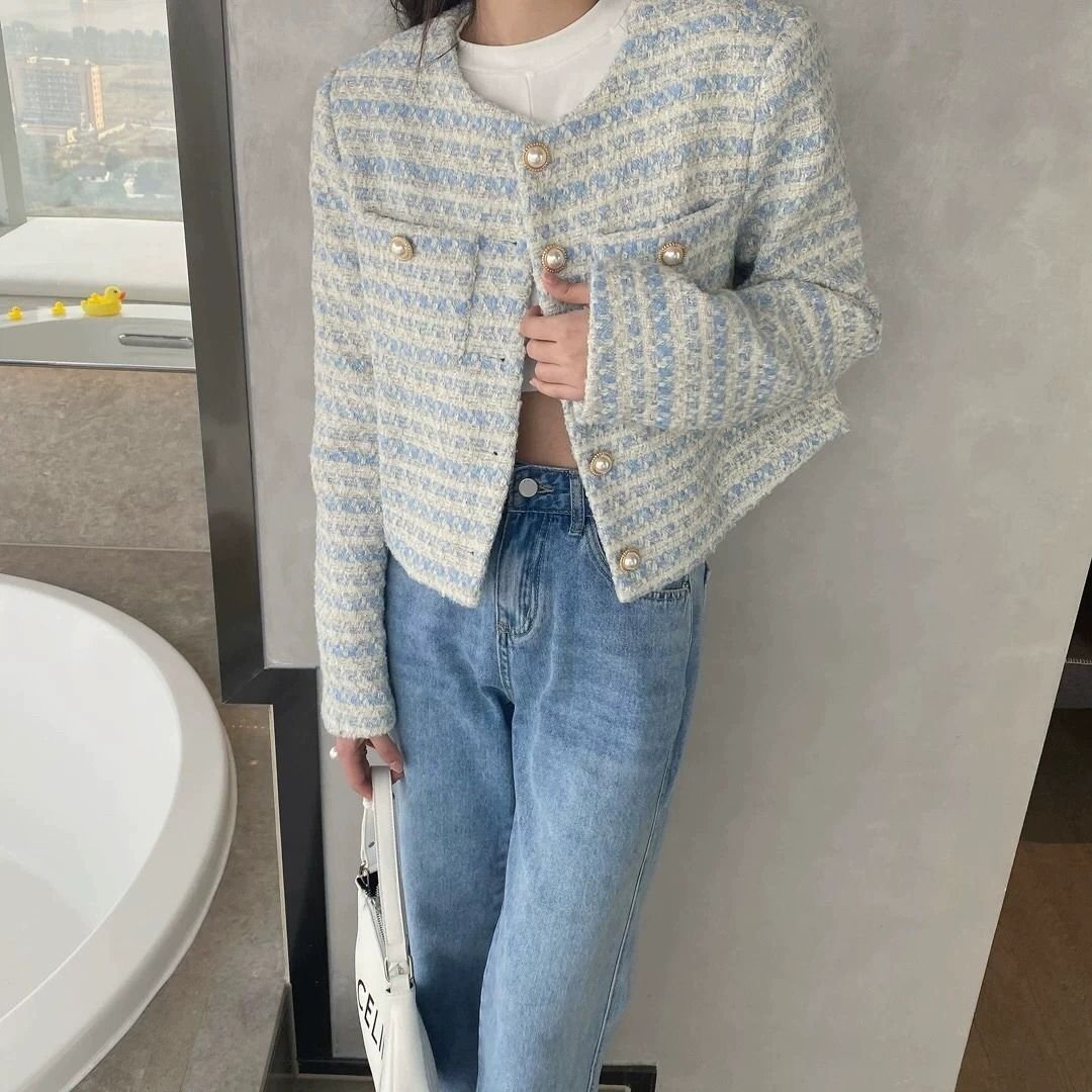 レディース カーディガン ジャケット 長袖 ゆったり 春夏 カジュアル 春 ショート 夏 ラウンドネック 秋 切り替えデザイン パール アウター レギュラー ボタン ポリエステル