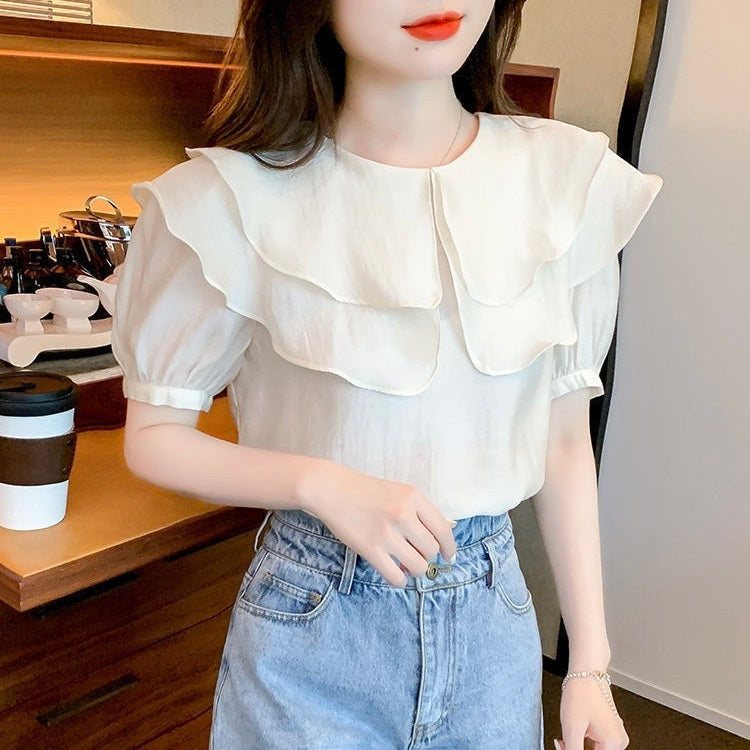 レディース トップス シャツ ブラウス 半袖 ボリューム袖 パフスリーブ フリルカラー ダブルカラー フェミニン シフォン かわいい 大人可愛い きれいめ シンプル 上品 おしゃれ ガーリー エレガント ラブリー キュート クラシカル ロマンティック 無地 春 夏 OL 通勤 デート お出かけ パーティー イベント レストラン 休日 ショッピング 普段使い 着回し 清楚 トレンド 流行 インスタ映え S M L XL 2XL 3XL 小さいサイズ 白 ホワイト オフホワイト ピンク 水色 ライトブルー