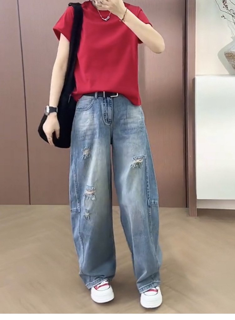 レディース パンツ ゆったり ワイド コットン 綿 デニム 夏 秋冬 カジュアル 大きいサイズ 秋 冬 スリム ロング ストレート ロングパンツ デニムパンツ ハイウエスト ダメージ