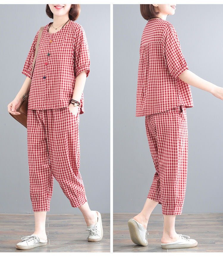 レディース パンツ チェック柄 コットン 綿 春夏 カジュアル レトロ 大きいサイズ ボトムス 春 夏 ブラック ミモレ パフスリーブ 9分丈 レッド スーツ ポリエステル
