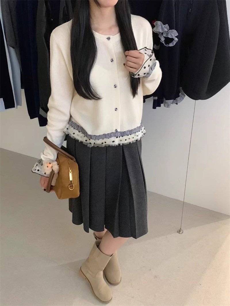 トップス ニット カーディガン 長袖 秋冬 秋 カジュアル ミニ ショート 膝丈 ラウンドネック レース 冬 切り替えデザイン セーター フェミニン ボタン
