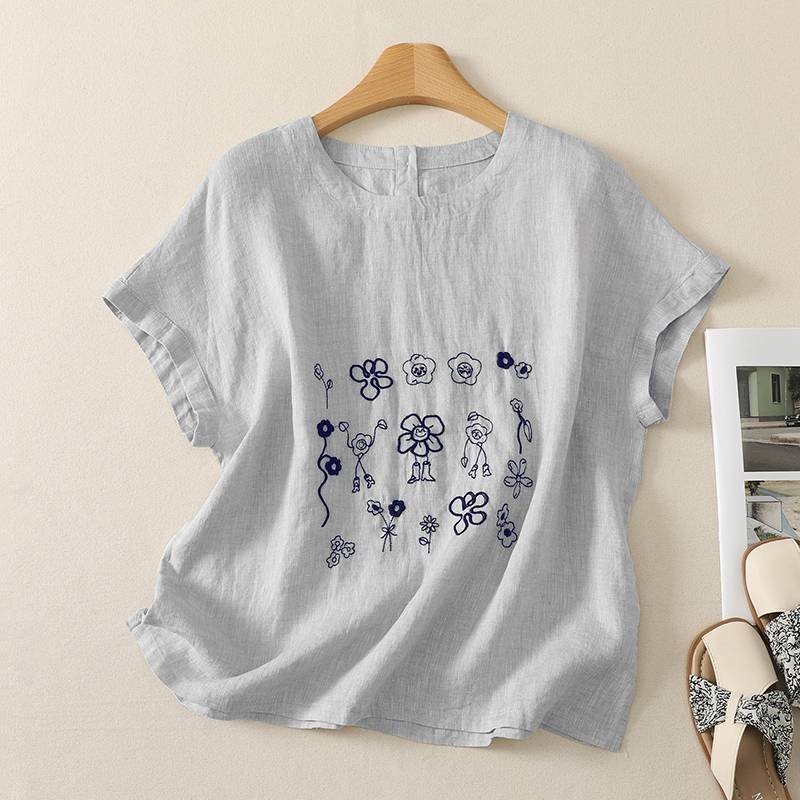 レディース トップス Tシャツ ニット 半袖 コットン 綿 リネン 春夏 カジュアル きれいめ 通勤 大きいサイズ デニム 春 夏 ラウンドネック 刺繍 シャツ