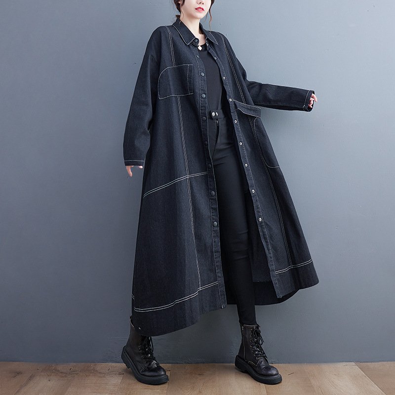 ジャケット 長袖 無地 ゆったり デニム 秋 体型カバー シンプル 上品 ロング バイカラー 着痩せ