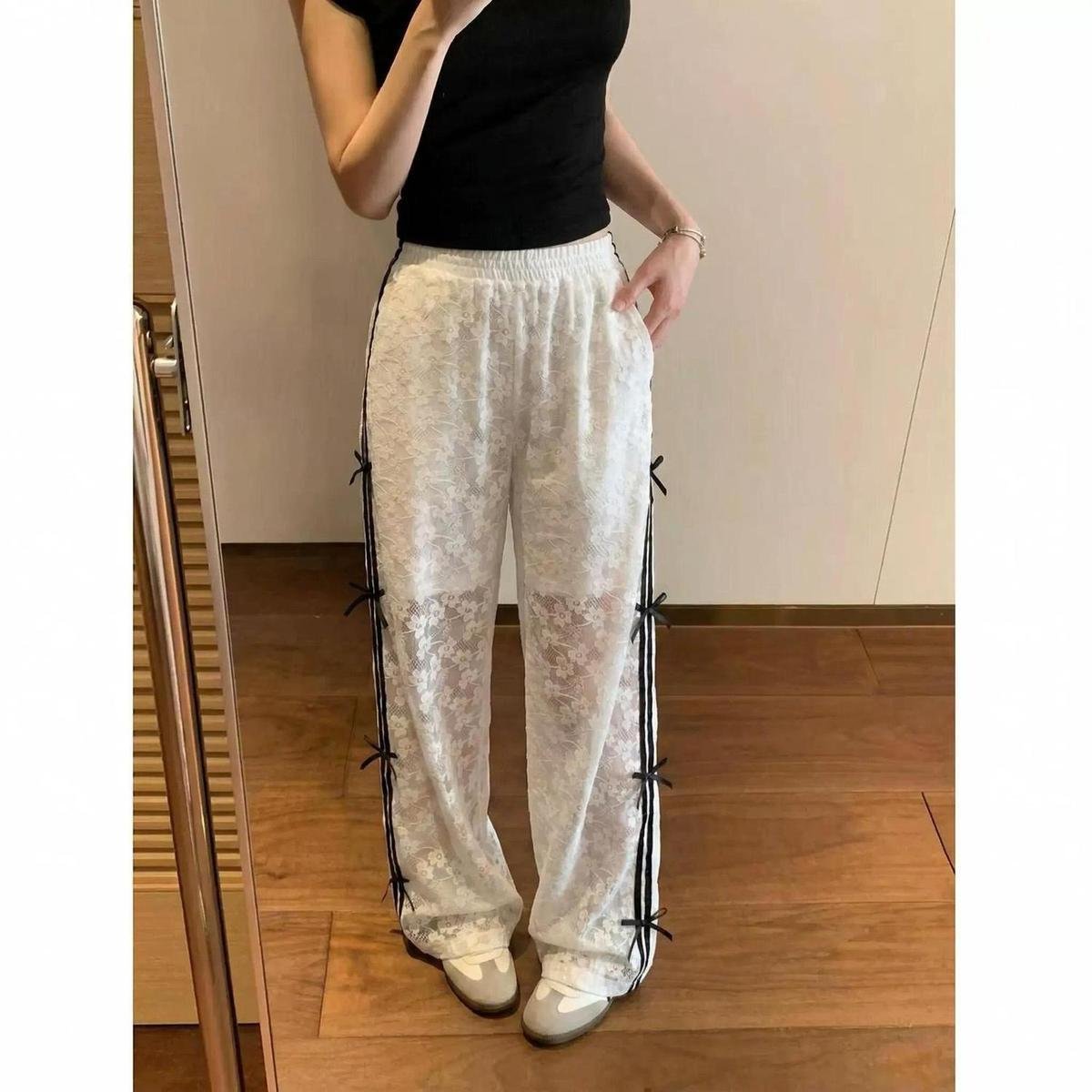 レディース パンツ スリム 春夏 カジュアル 春 白 夏 レース ストレートパンツ ロング ストレート 薄手 ハイウエスト 蝶 ポリエステル