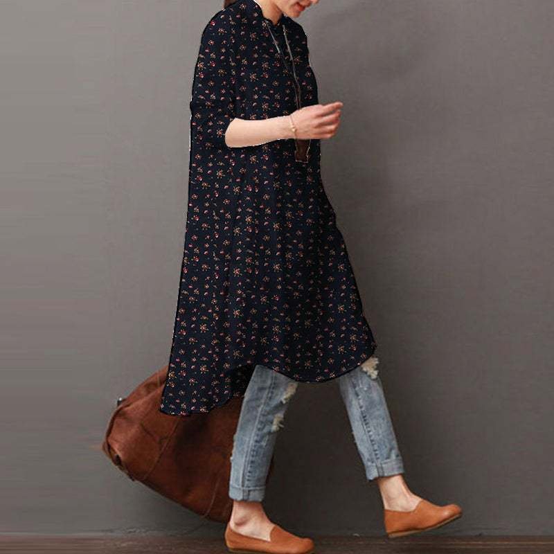レディース シャツ トップス 長袖 花柄 プリント ゆったり きれいめ 通勤 前開き ラウンドネック ヴィンテージ ポリエステル