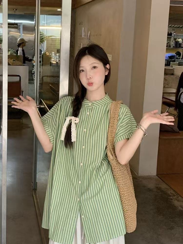 レディース シャツ トップス パンツ ボーダー ストライプ 無地 ゆったり 春夏 カジュアル きれいめ レトロ 前開き ミニ 春 夏 シンプル 上品 ロング 切り替えデザイン スーツ フェミニン タイ アプリコット セットアップ グリーン ポリエステル