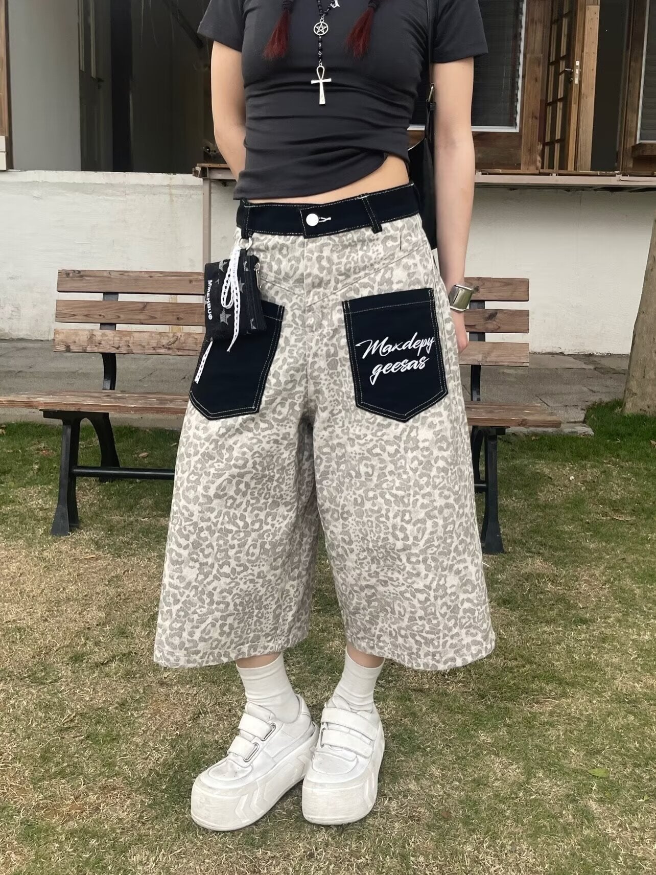レディース パンツ ワイド コットン 綿 デニム 春夏 カジュアル アメリカン レトロ 春 ショート 夏 男女兼用 ショートパンツ 7分丈 ヒョウ柄 ポケット ハイウエスト ストリート ストレッチ