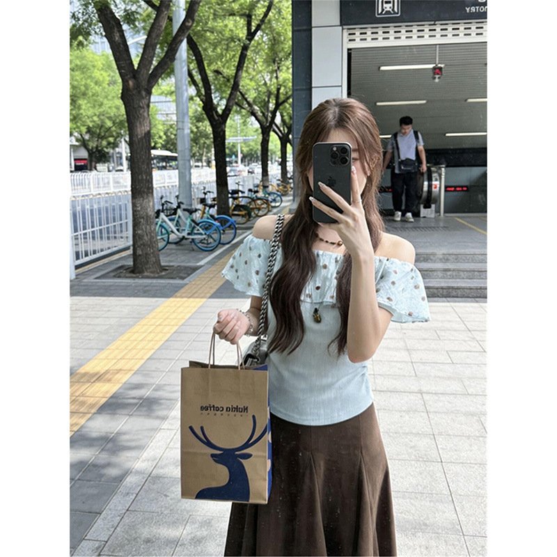レディース ブラウス シャツ トップス 半袖 スリム 春夏 カジュアル 前開き 春 ショート 夏 フリル 切り替えデザイン オフショルダー グリーン Tシャツ ドット