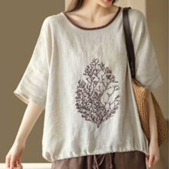 レディース トップス カットソー プルオーバー パイピング Tシャツ 半袖 ラウンドネック ストリート ハイウエスト ドロスト リネン 綿 コットン 麻 かわいい 大人可愛い きれいめ シンプル カジュアル おしゃれ レトロ プレッピー アクティブ ナチュラル リーフ ボタニカル 夏 お出かけ イベント リゾート 旅行 公園 女子会 休日 楽ちん 普段使い 着回し M L XL 2XL 3XL 4XL 小さいサイズ 大きいサイズ ビッグ ゆったり ゆる 茶色 ブラウン オフホワイト ベージュ オレンジ