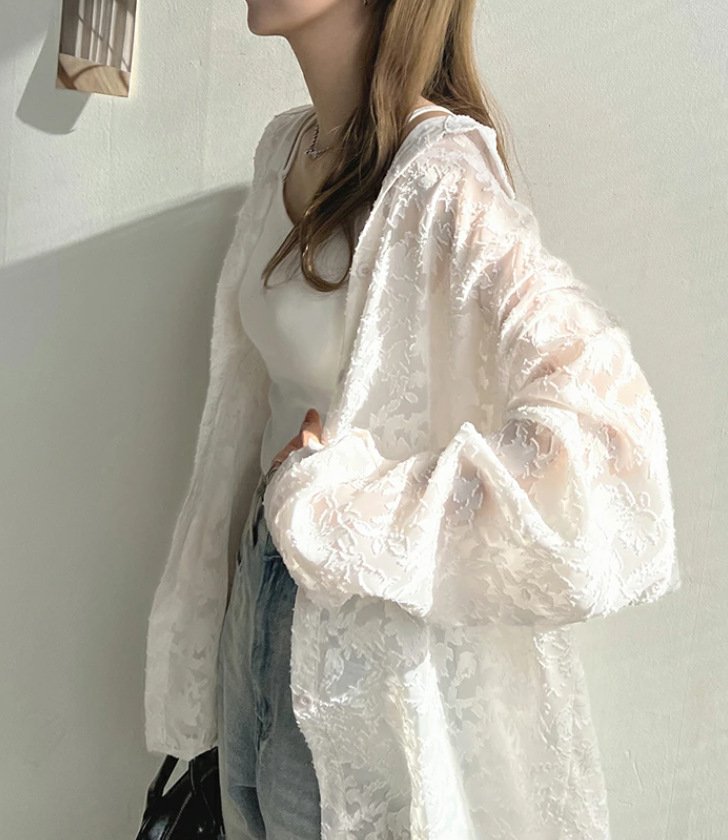 シャツ トップス 長袖 無地 春夏 きれいめ 旅行 前開き 春 夏 レース シンプル 上品 シフォン ビーチ タイ レギュラー ポリエステル