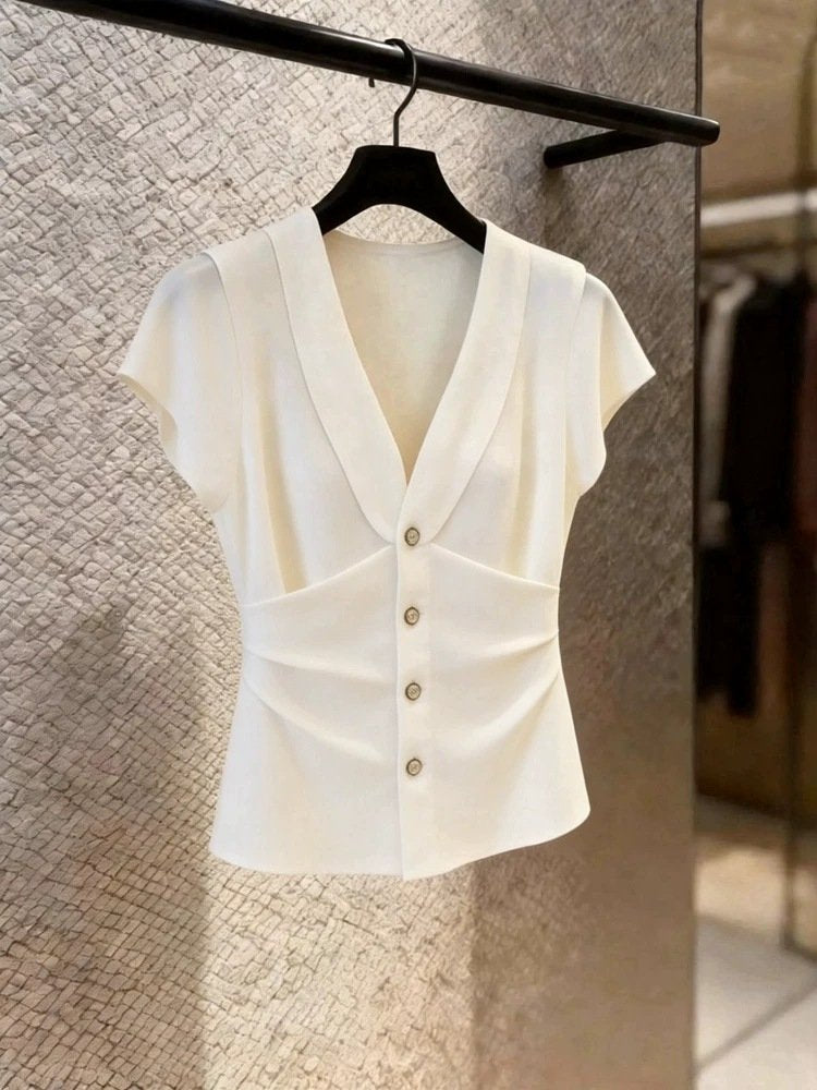 レディース シャツ 半袖 春夏 きれいめ 通勤 前開き Vネック かわいい 春 白 夏 上品 都会的 レギュラー ボタン ポリエステル