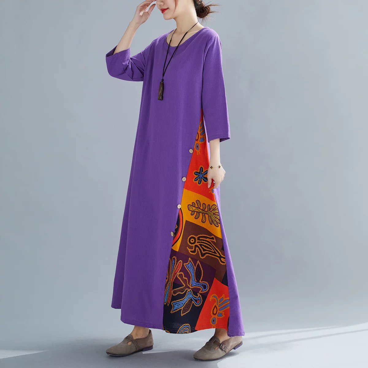 トップス 花柄 無地 春夏 きれいめ レトロ 春 夏 ラウンドネック 秋 シンプル 上品 ロング ステッチ ボタン ポリエステル