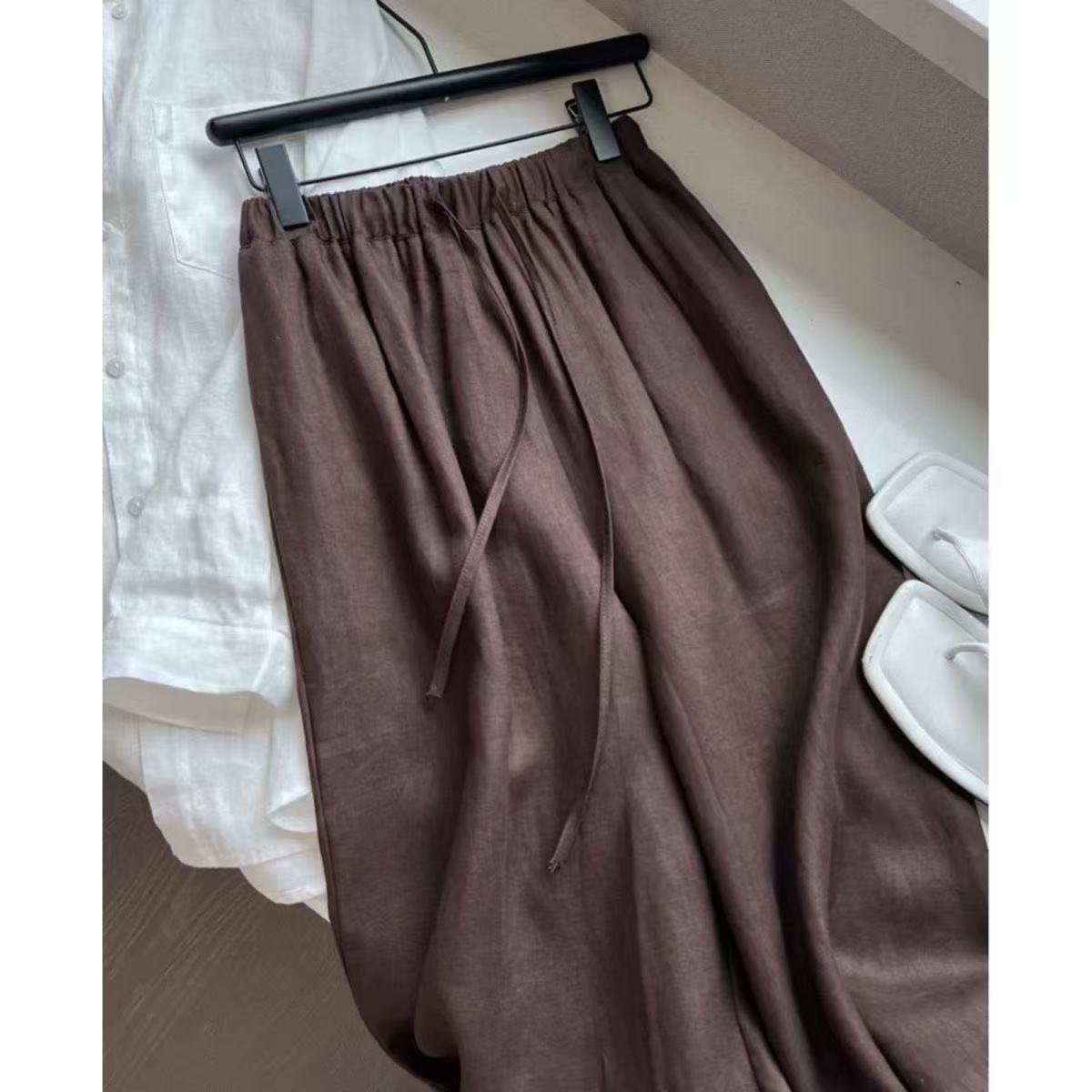 パンツ ゆったり ワイド リネン 春夏 カジュアル きれいめ 春 夏 スリム 上品 ブラウン ワイドパンツ 薄手 ポリエステル