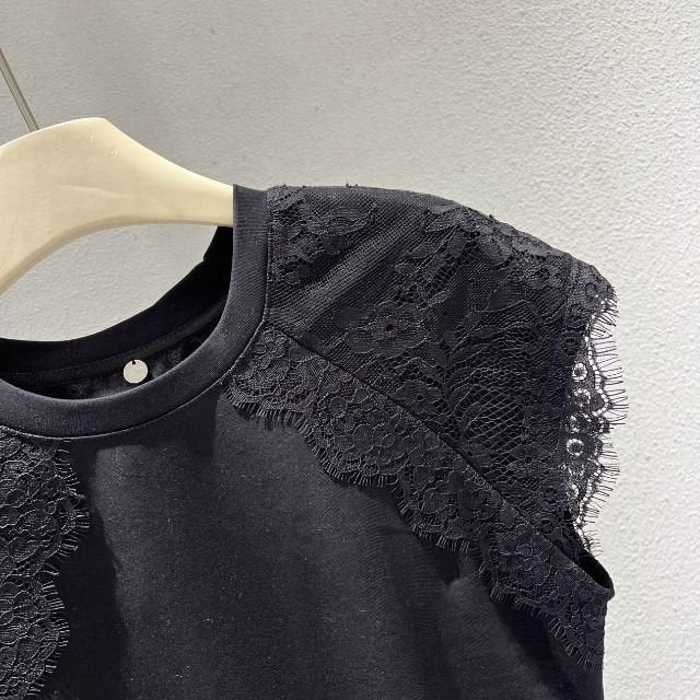 レディース トップス Tシャツ 半袖 コットン 綿 春夏 カジュアル プリーツ 春 ショート 夏 膝丈 ラウンドネック タイト レース シンプル 細身 クルーネック シャツ フレンチスリーブ タイ 着痩せ