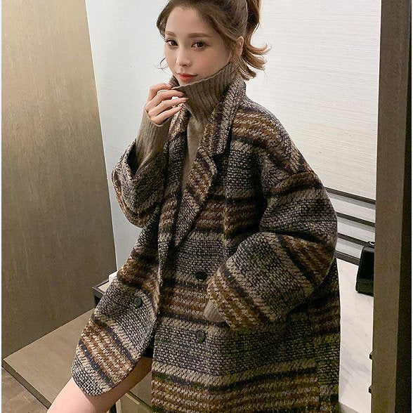 レディース コート 長袖 チェック柄 ゆったり 秋冬 秋 きれいめ 通勤 体型カバー 膝丈 冬 上品 レザー ブラウン ウール 切り替えデザイン ツイード