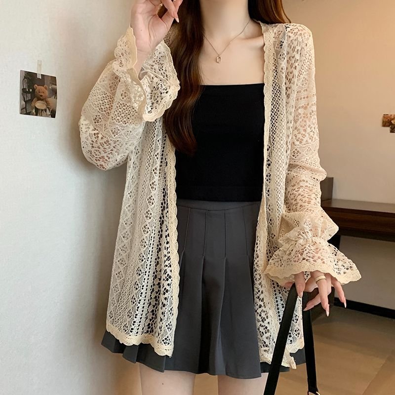 シャツ カーディガン 長袖 ゆったり 春夏 カジュアル 前開き 春 夏 レース ミモレ ベルスリーブ ポリエステル