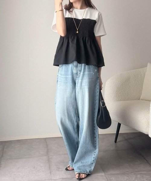トップス Tシャツ ニット 半袖 春夏 きれいめ 通勤 春 ショート 夏 韓国ファッション シャツ 切り替えデザイン 都会的