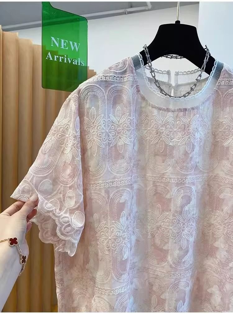 レディース Tシャツ 半袖 ゆったり コットン 綿 夏 秋冬 カジュアル 大きいサイズ 春夏 ラウンドネック 秋 レース 冬 刺繍 おしゃれ シャツ 上着