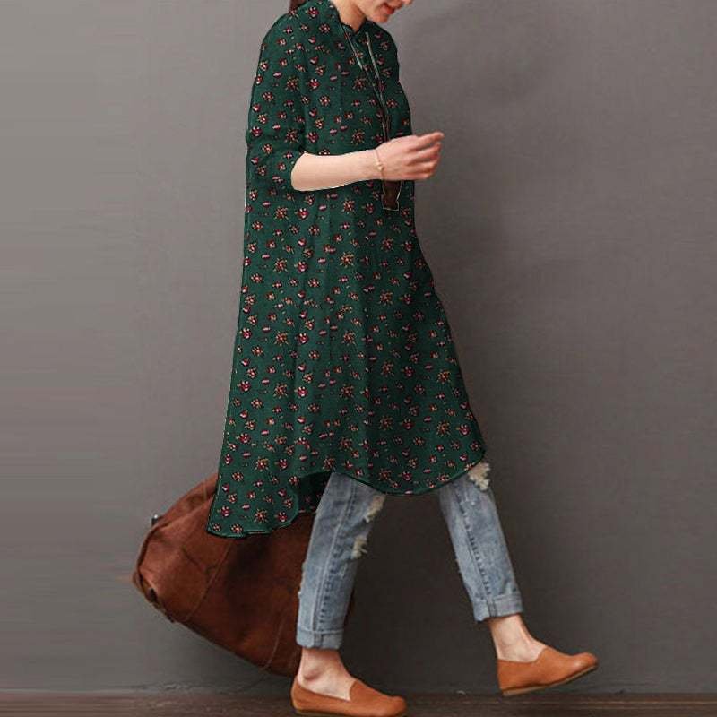 レディース シャツ トップス 長袖 花柄 プリント ゆったり きれいめ 通勤 前開き ラウンドネック ヴィンテージ ポリエステル