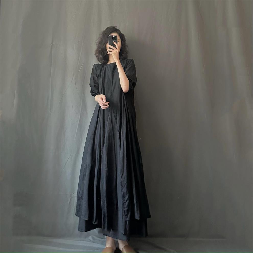 ワンピース 長袖 春夏 カジュアル 体型カバー ミニ 春 夏 ラウンドネック シンプル ロング 薄手 切り替えデザイン