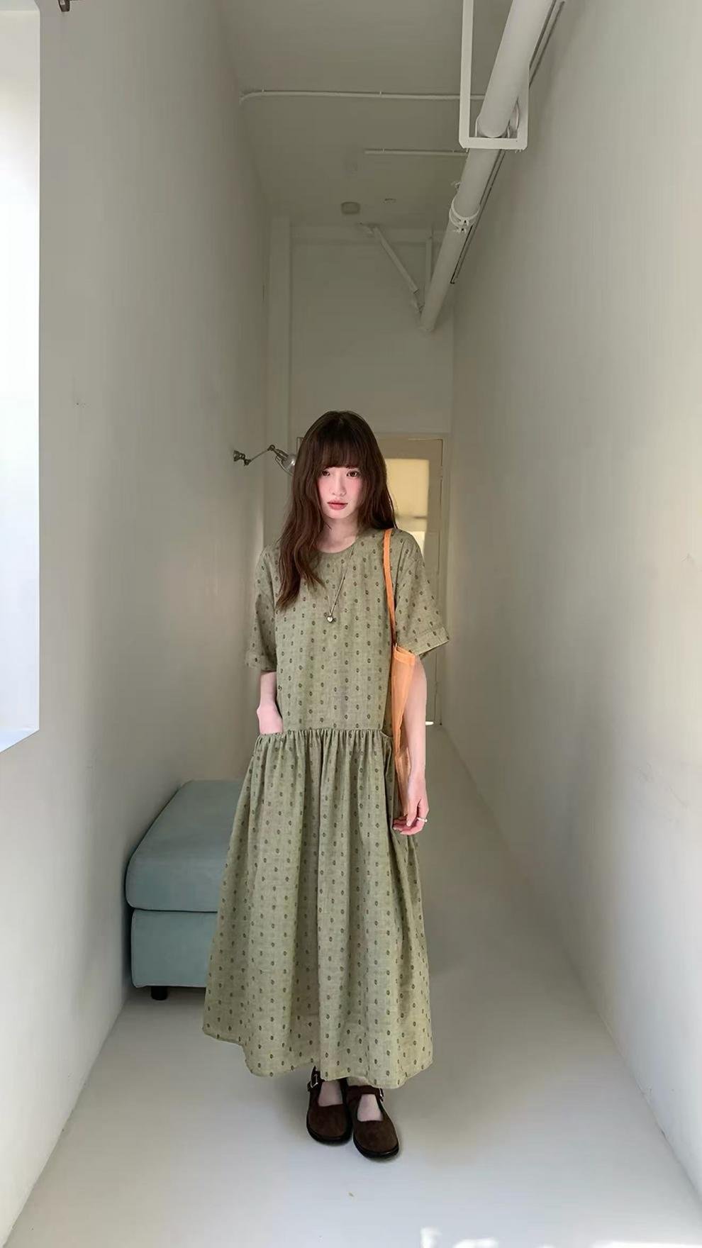 ワンピース 半袖 春夏 カジュアル きれいめ レトロ 体型カバー 通勤 春 夏 ラウンドネック ドット ロング Aライン