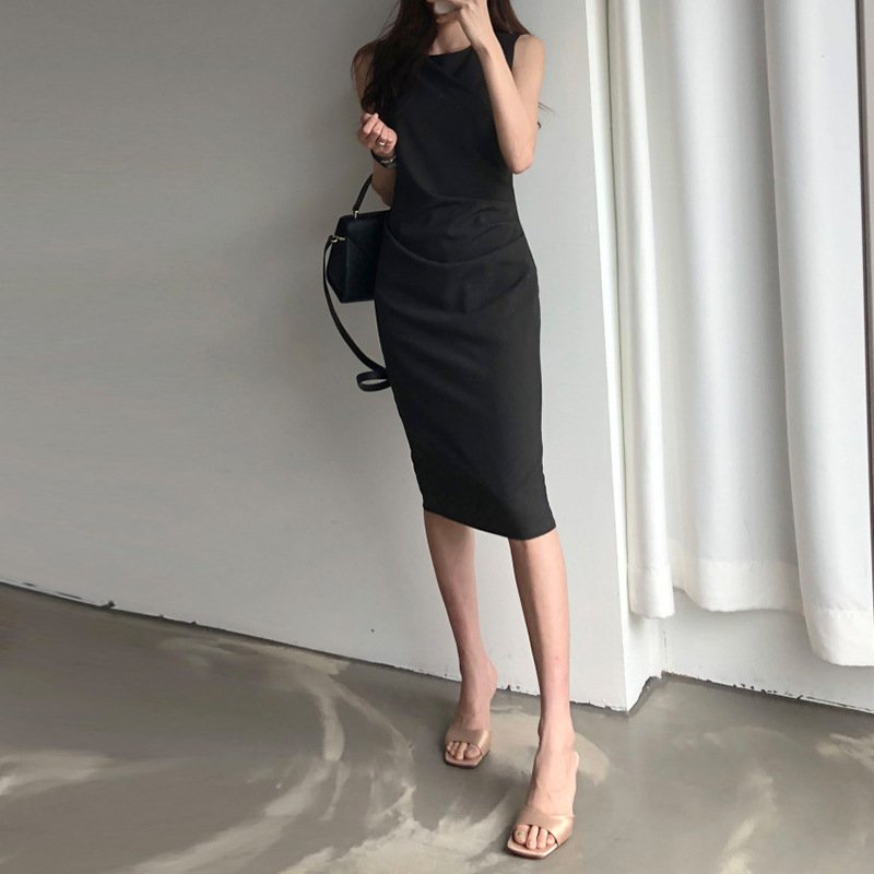 ワンピース ノースリーブ 無地 スリム 春夏 きれいめ 袖なし 春 夏 ラウンドネック シンプル ミモレ 上品 ストレート