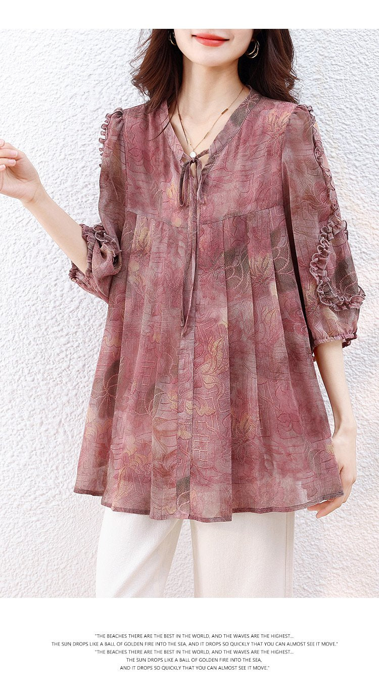 トップス 長袖 ゆったり 春夏 カジュアル きれいめ レトロ 体型カバー Vネック プリーツ 春 夏 ミモレ 上品 切り替えデザイン ポリエステル 着痩せ