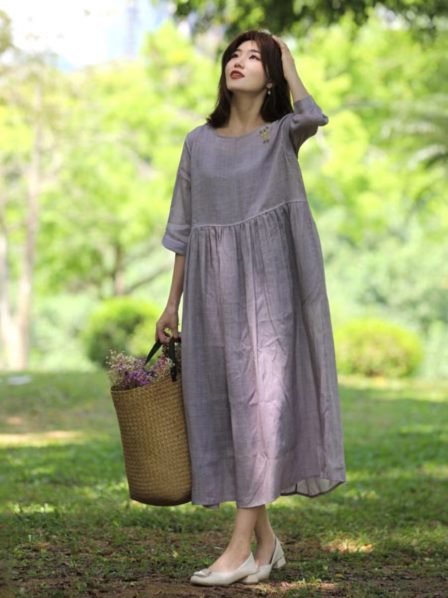 ワンピース ドレス 無地 春夏 カジュアル 春 夏 ラウンドネック 刺繍 シンプル ロング ミディアム丈 フレア Aライン