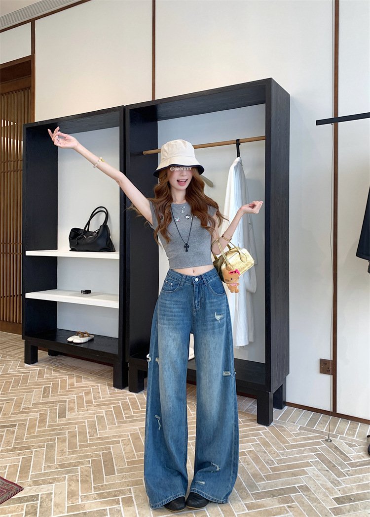 レディース パンツ ゆったり ワイド コットン 綿 デニム 春夏 カジュアル 春 夏 ロング デニムパンツ ブルー ハイウエスト ストレッチ ダメージ