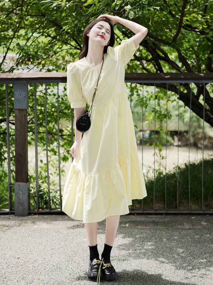 ワンピース ドレス 半袖 無地 春夏 きれいめ 体型カバー 通勤 春 夏 ラウンドネック シンプル ロング イエロー Aライン